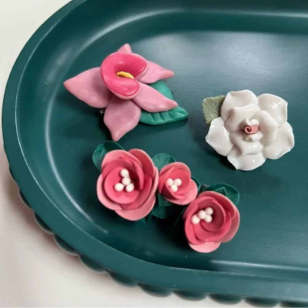 3 Piece Vintage 1970s / 1980s Handmade One of a Kind Flower Brooches Lot